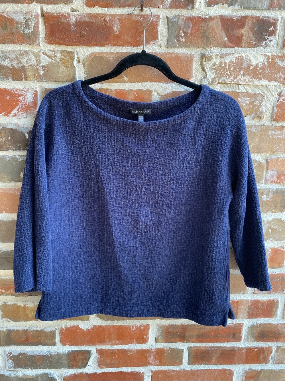 Eileen Fisher Navy Textured Boat Neck 3/4 sleeve Top